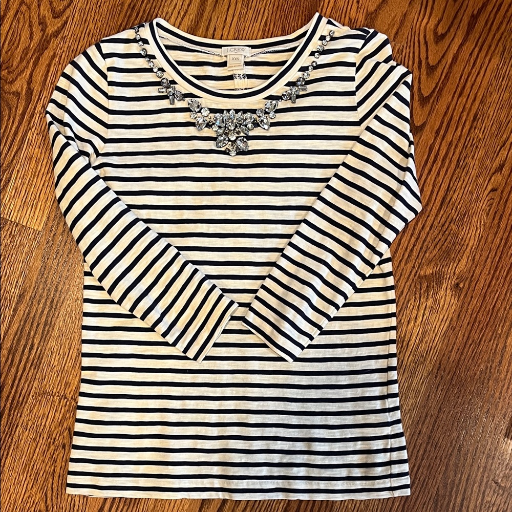 J. Crew Navy Blue and White Striped Top with Embellished Neckline